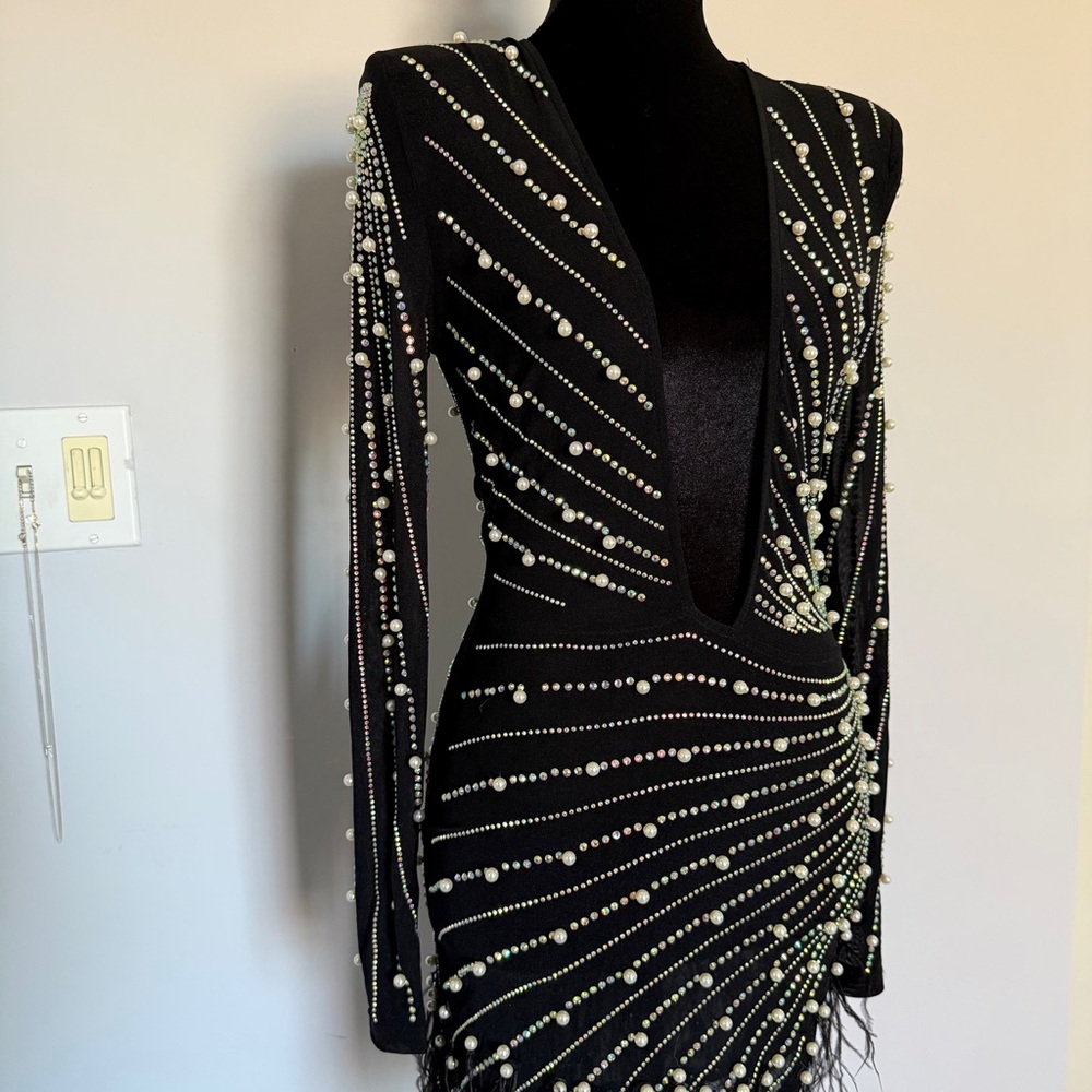 Black Embellished Deep V Mini Dress - Picture 4 of 14